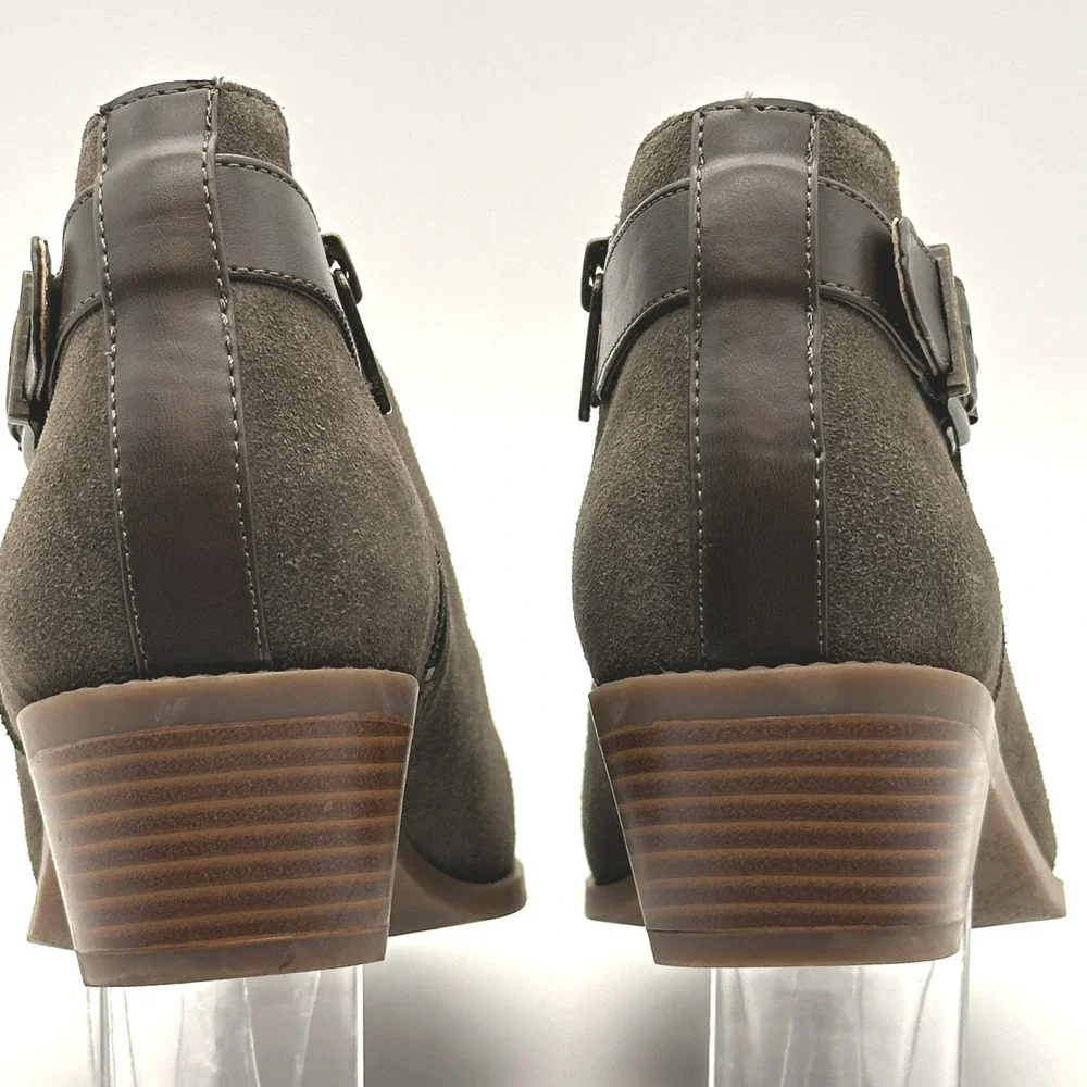 Vionic Suede Leather‎ Buckle Ankle Booties Brown Olive Comfort Womens Size 7.5